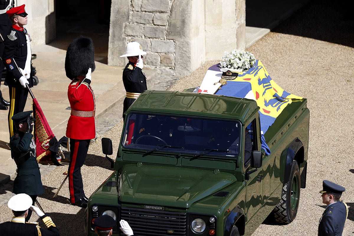 Members of the Royal family follow the coffin of Britain's Prince Philip in the Quadrangle at W ...
