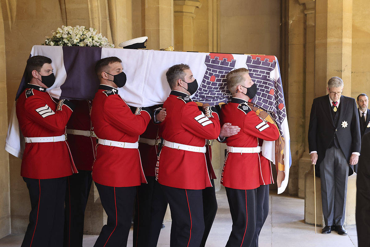 The Queen's Company, 1st Battalion Grenadier Guards carry the coffin of Prince Philip during th ...