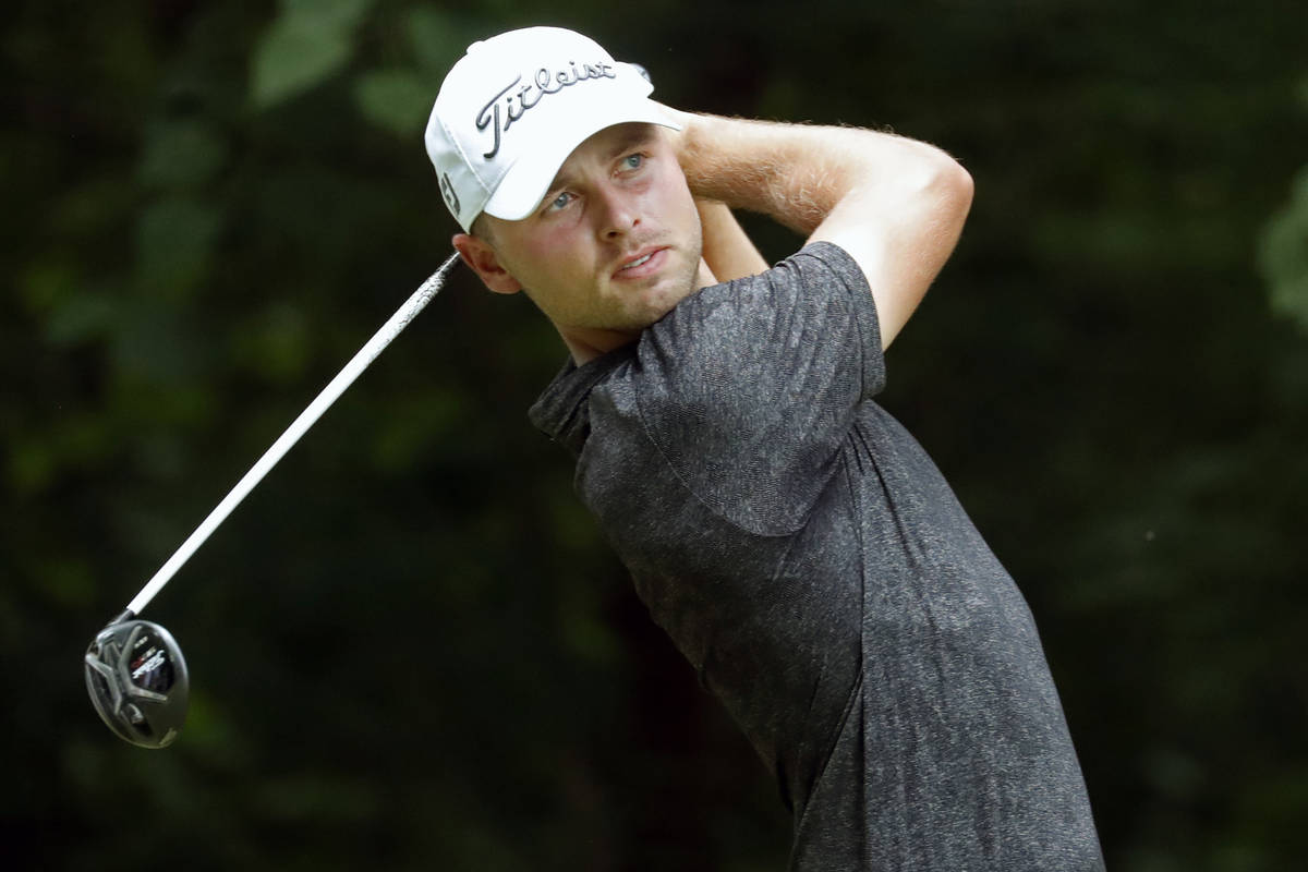 Adam Svensson hits his tee shot on the second hole during the third round of the Wyndham Champi ...