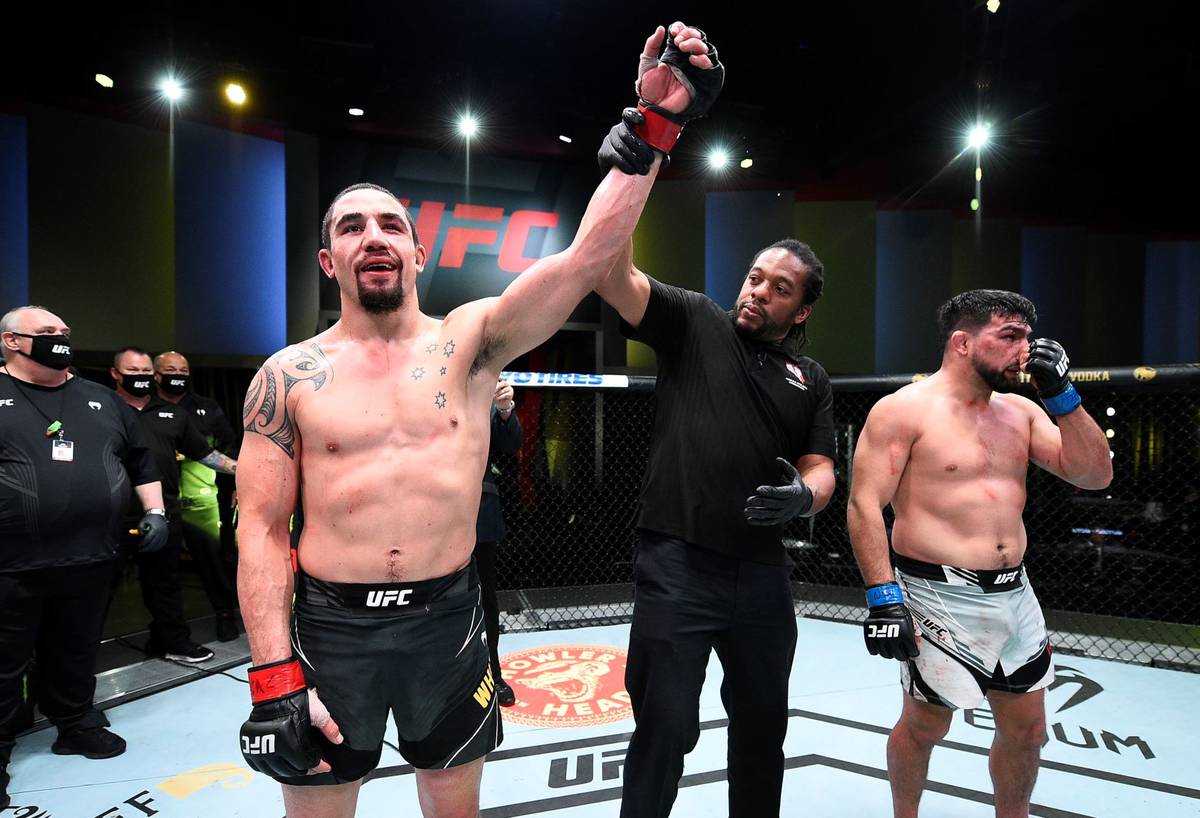 Robert Whittaker of Australia reacts after his victory over Kelvin Gastelum during the UFC Figh ...