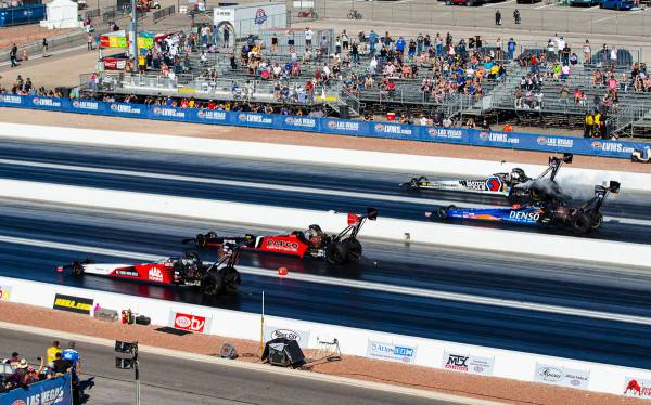 Steve Torrence, second from left, competes to win against drivers, from left, Doug Kalitta, Cla ...