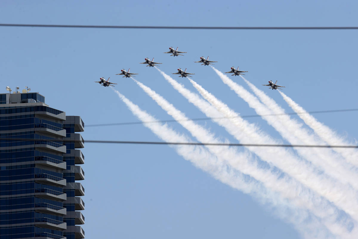United States Air Force Thunderbirds fly over the Strip in Las Vegas Monday, April 19, 2021. Th ...