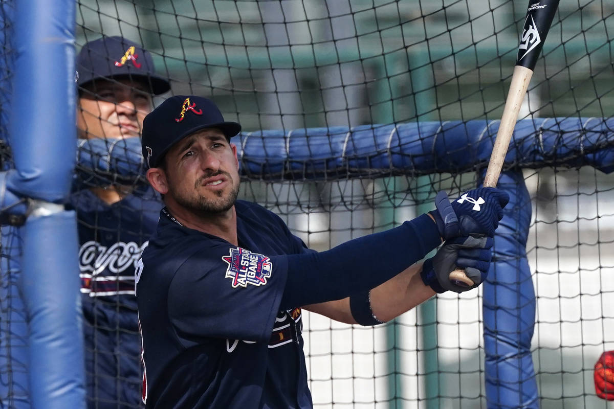 Atlanta Braves' Sean Kazmar Jr., takes batting practice before a spring training baseball game ...