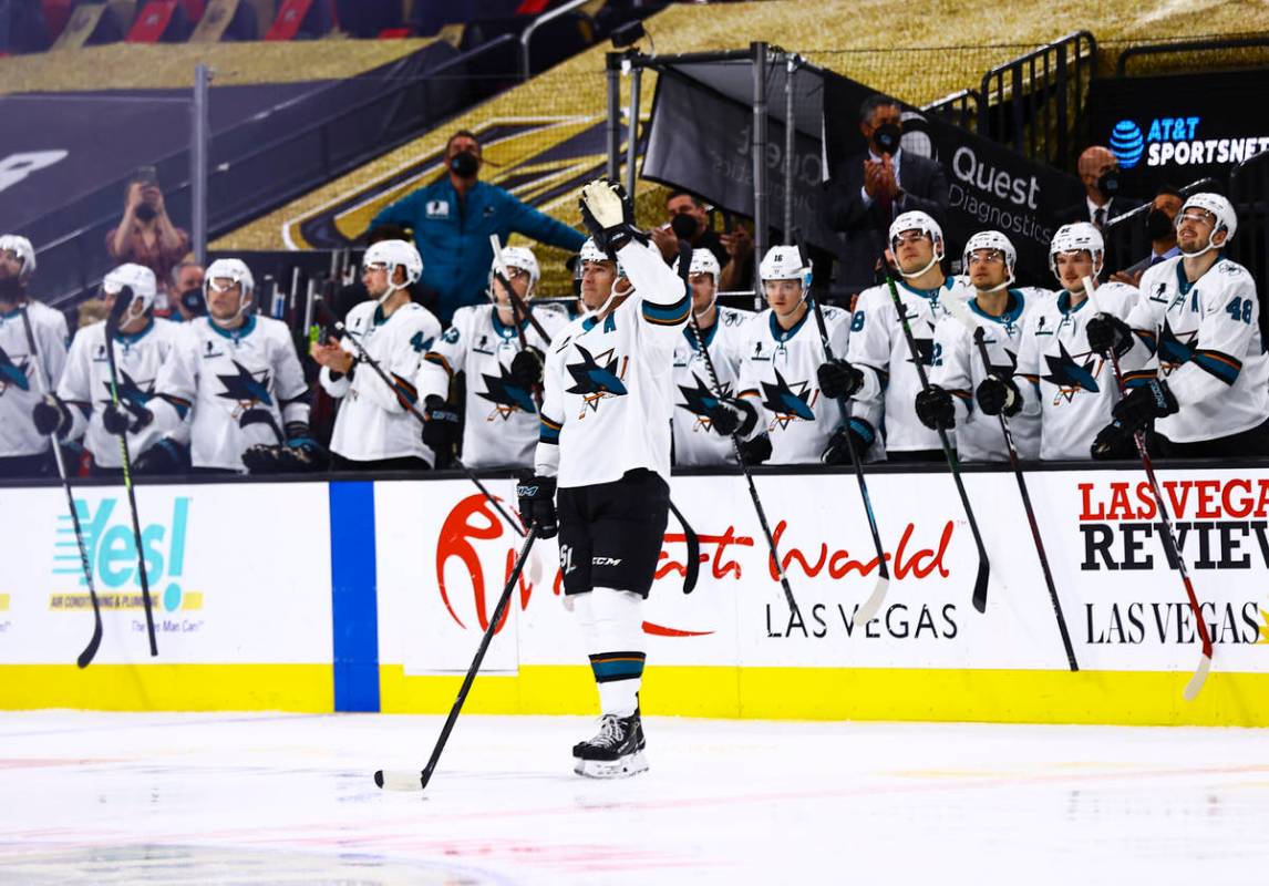 San Jose Sharks' Patrick Marleau acknowledges the crowd after being honored in the 1,768th regu ...