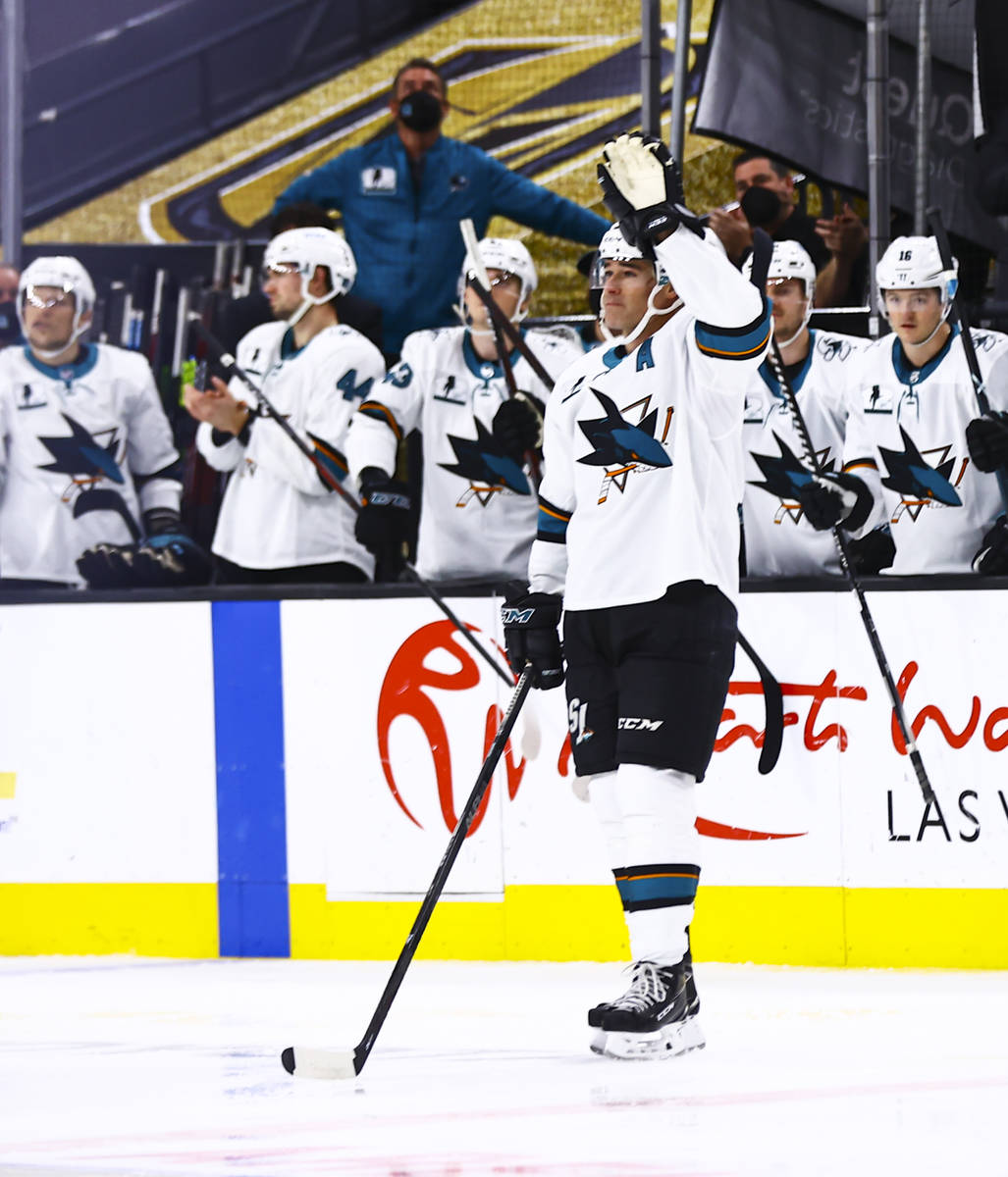 San Jose Sharks' Patrick Marleau acknowledges the crowd after being honored in the 1,768th regu ...