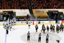 San Jose Sharks' Patrick Marleau (12) is honored after the Golden Knights' shootout win over th ...