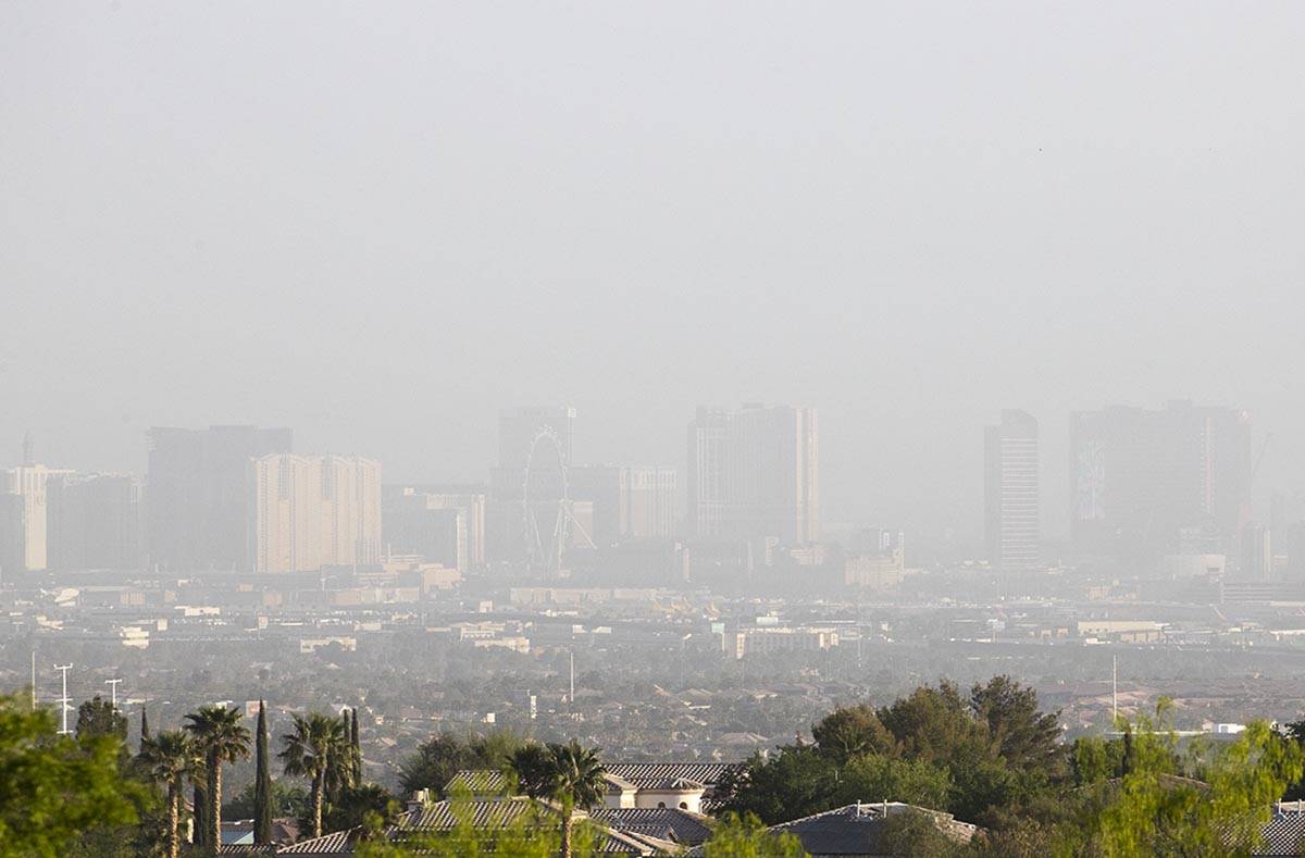 Haze covers the Strip over the Las Vegas Valley on Tuesday, April 20, 2021. (Bizuayehu Tesfaye/ ...