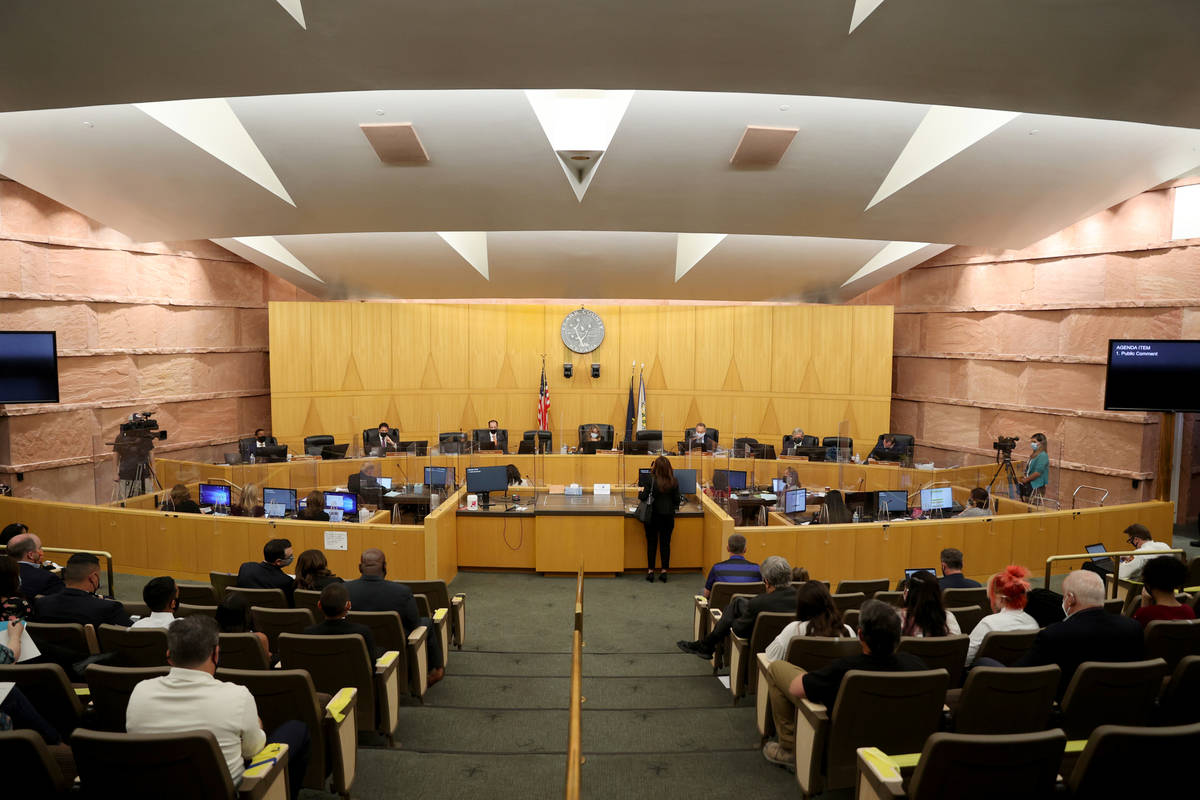 Clark County Commissioners during a commission meeting in Las Vegas Tuesday, April 20, 2021. Th ...