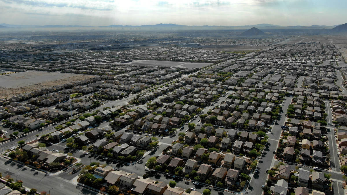 An aerial view of housing developments near Farm Road and Shaumber Road in Las Vegas on Monday, ...