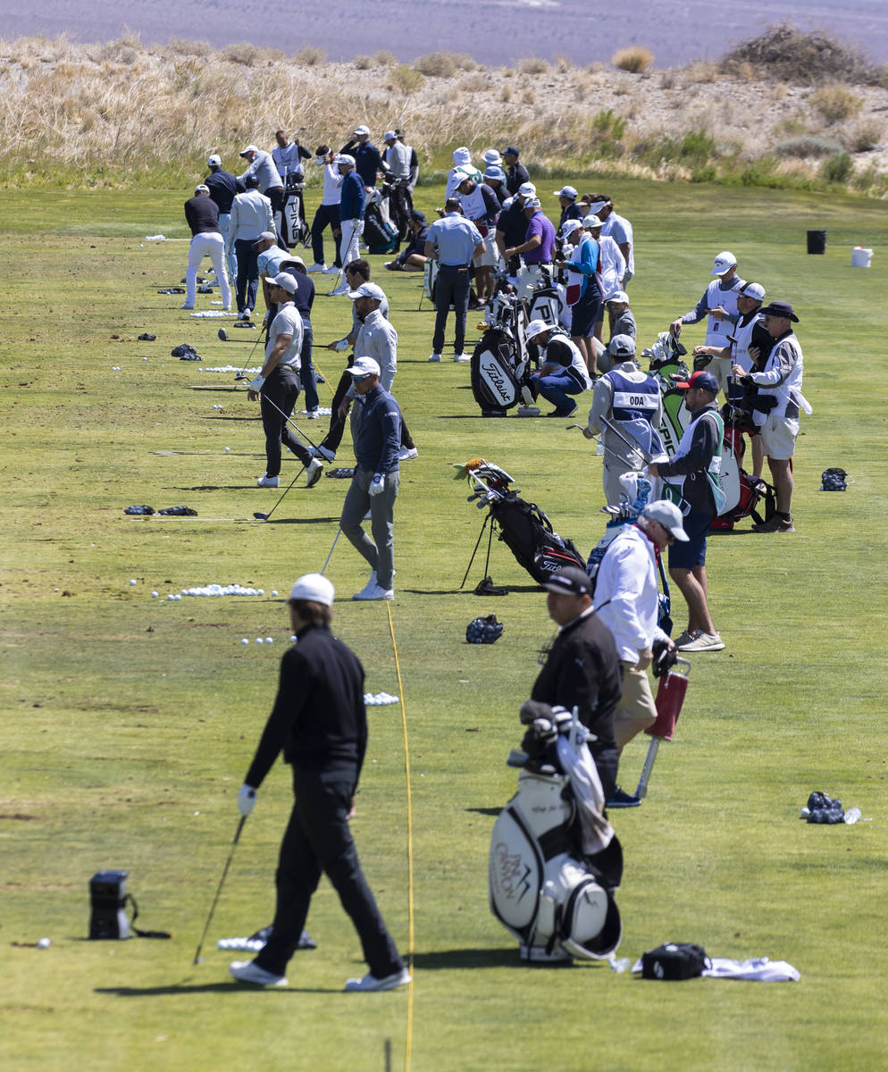 Triple-A golfers practice their drive during the first round of the MGM Championships at Paiute ...