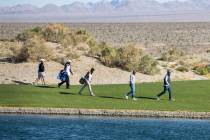 Triple-A golfers and their caddies walk past the pond during the first round of the MGM Champio ...