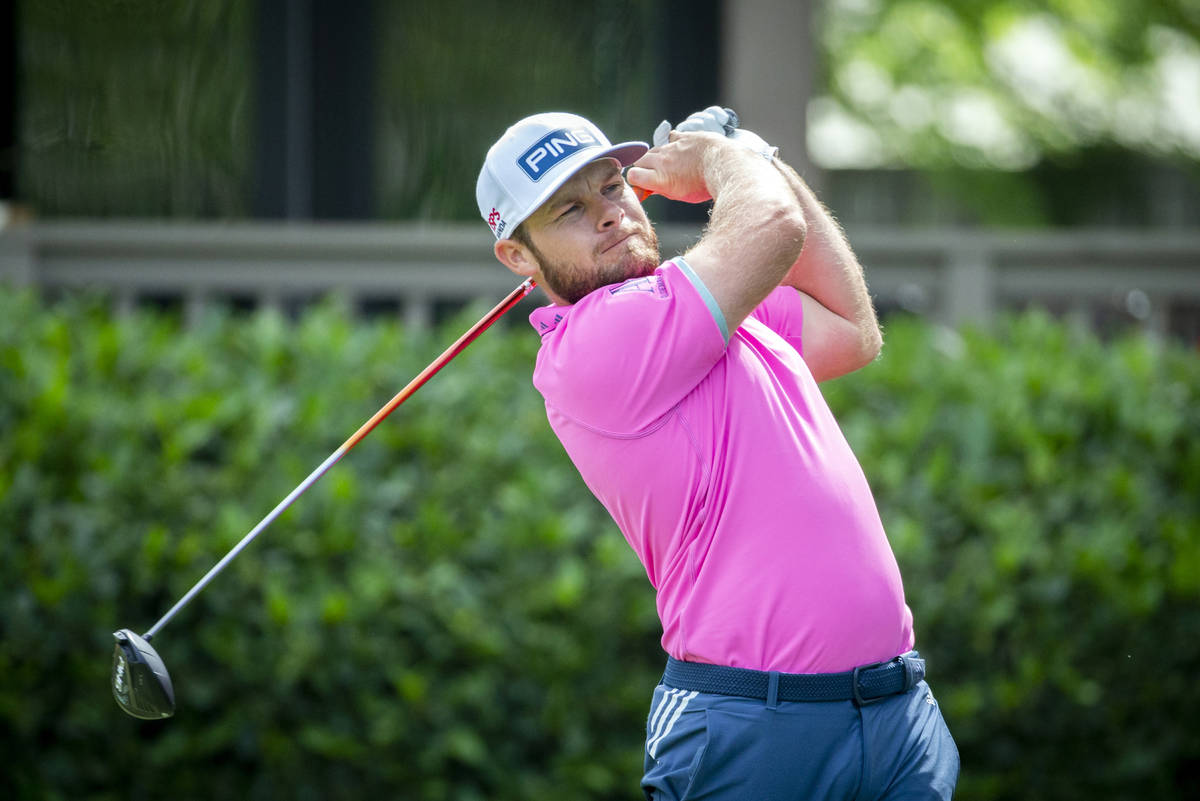 Tyrrell Hatton, of England, hits off the third tee during the third round of the RBC Heritage g ...