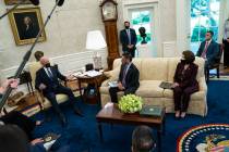 President Joe Biden speaks during a meeting with members of the Congressional Hispanic Caucus, ...