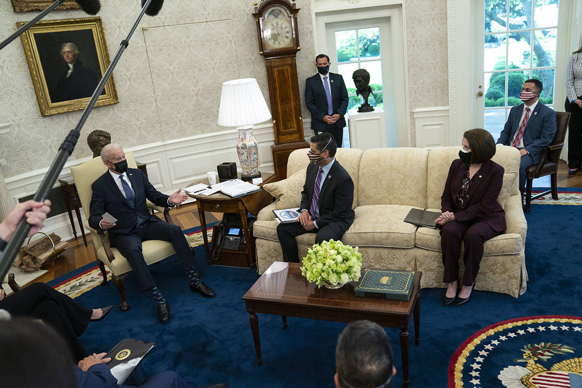 President Joe Biden speaks during a meeting with members of the Congressional Hispanic Caucus, ...