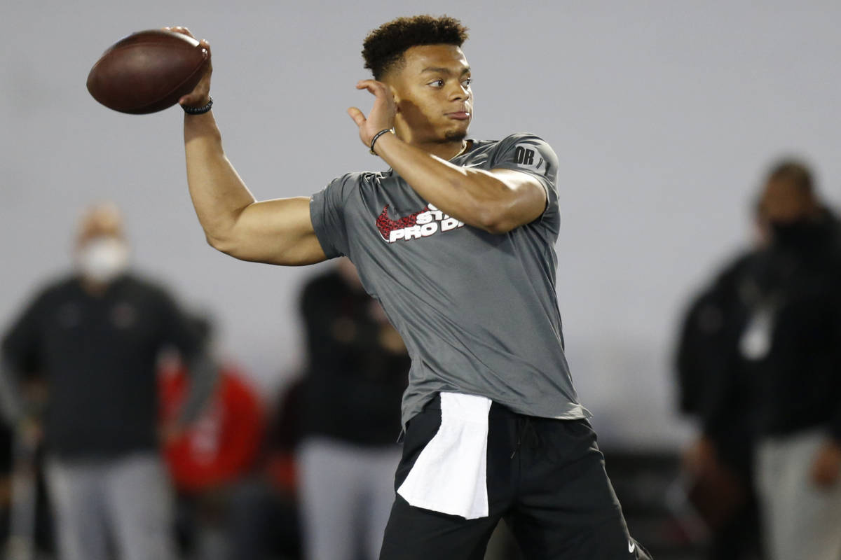 Ohio State quarterback Justin Fields throws during an NFL Pro Day at Ohio State University Tues ...