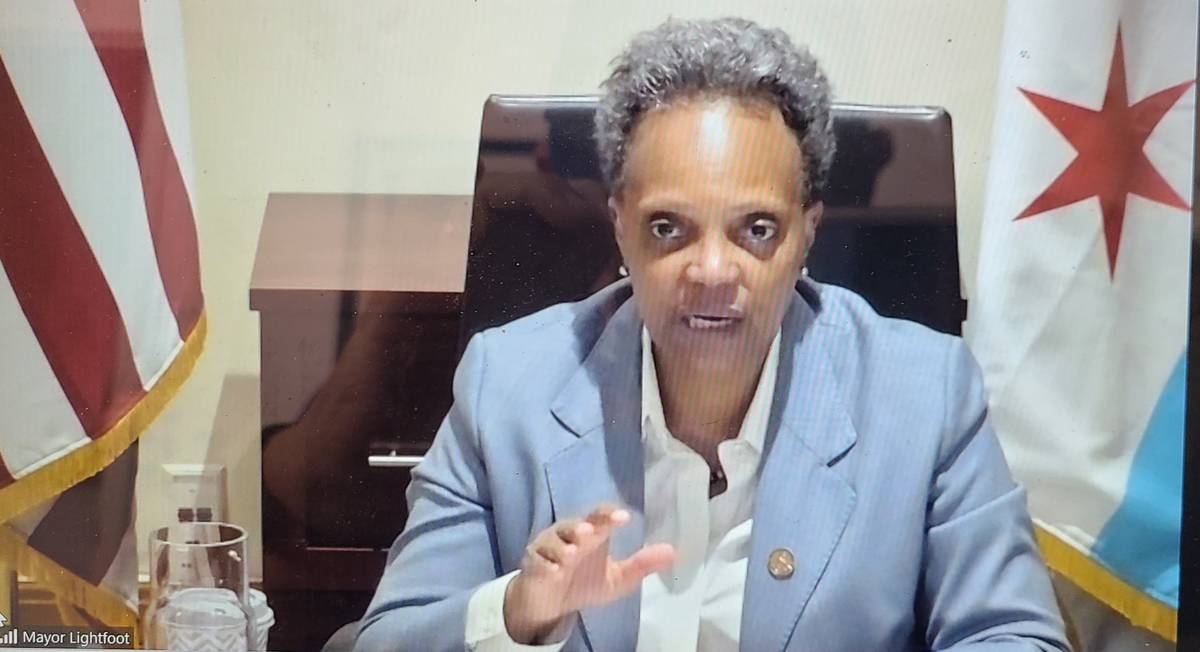 Chicago Mayor Lori Lightfoot addresses reporters in an online press conference Tuesday, April 2 ...