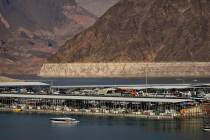 A bathtub ring of light minerals delineates the high water mark on Lake Mead at the Lake Mead N ...