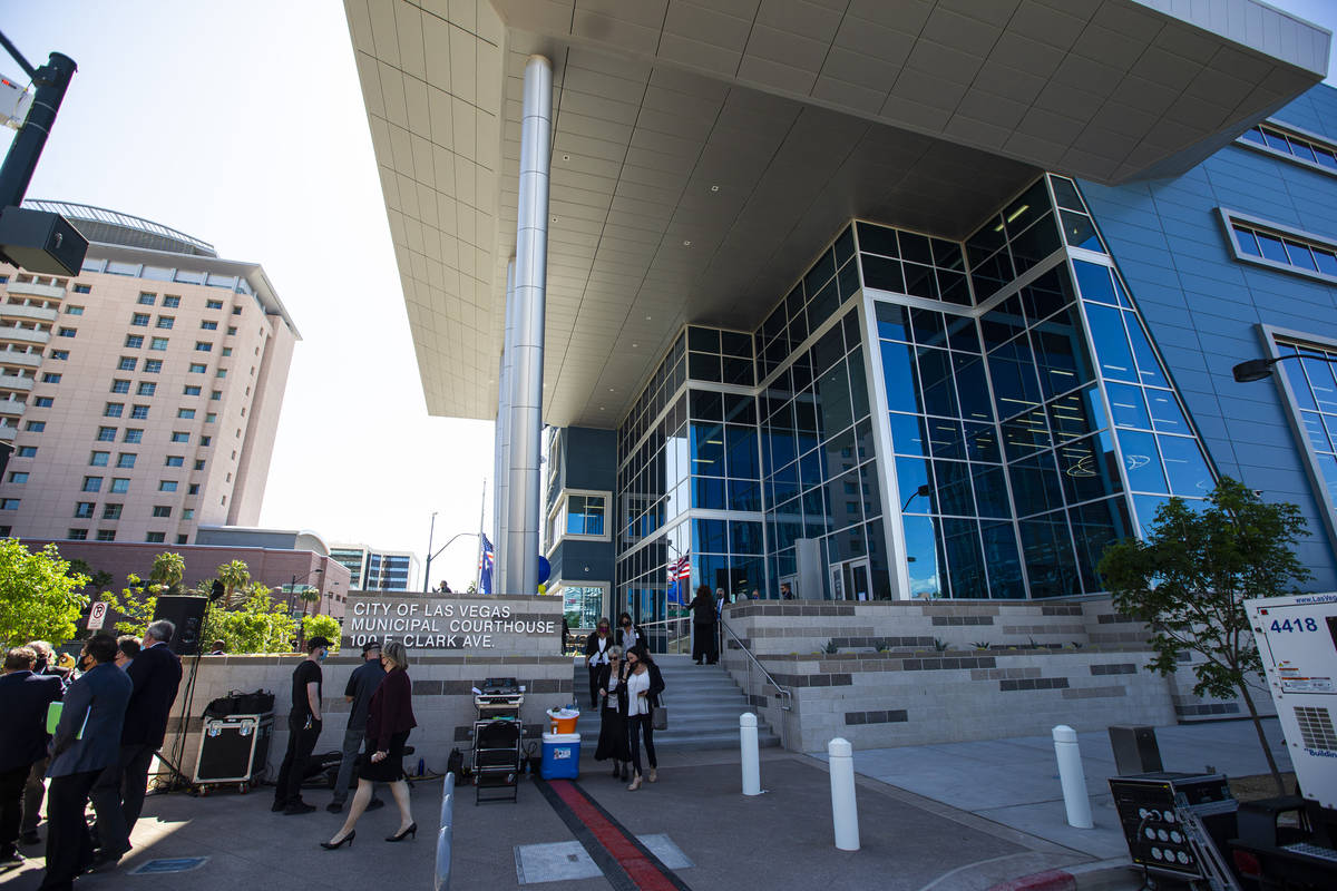 People gather outside for the opening ceremony of the $56 million Las Vegas municipal courthous ...