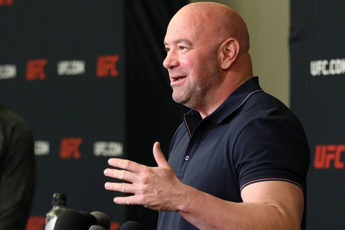 UFC president Dana White speaks during a press conference at the UFC Apex in Las Vegas, Tuesday ...