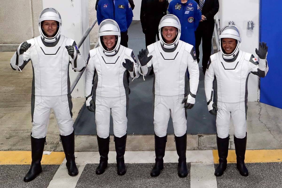 The Crew Dragon space capsule astronauts, from front left, European Space Agency astronaut Thom ...