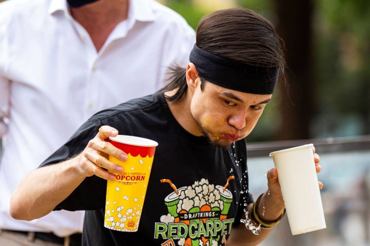 Matt Stonie competes in the World Popcorn Eating Championship during the "Red Carpet Film Feast ...