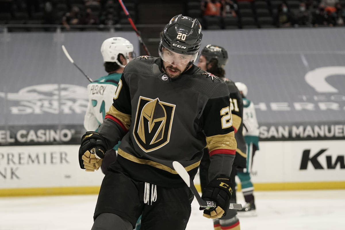 Vegas Golden Knights' Chandler Stephenson celebrates his goal during the first period of an NHL ...