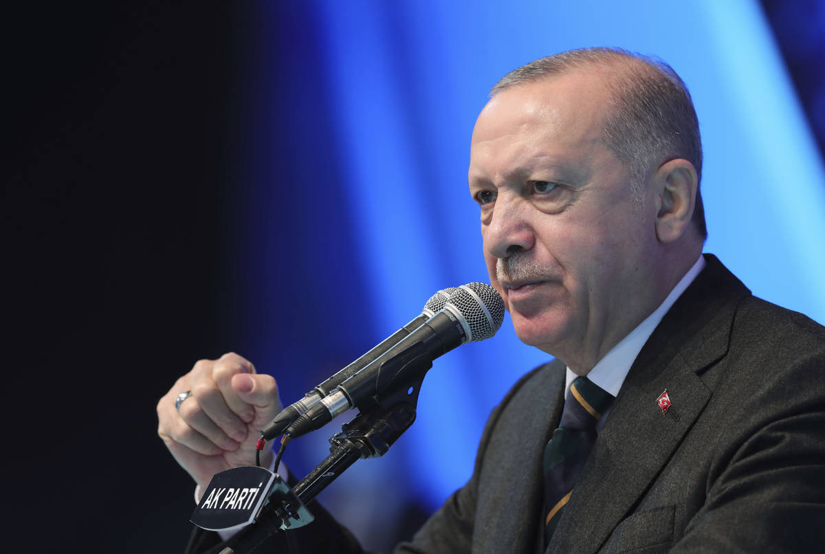 FILE - In this March 24, 2021, file photo, Turkey's President Recep Tayyip Erdogan gestures as ...