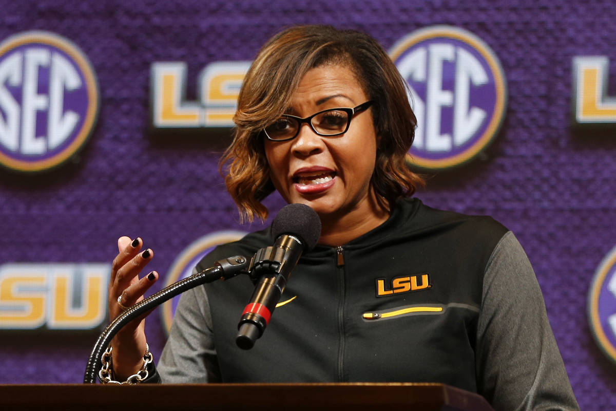 FILE - LSU women's NCAA college basketball head coach Nikki Fargas speaks during the Southeaste ...