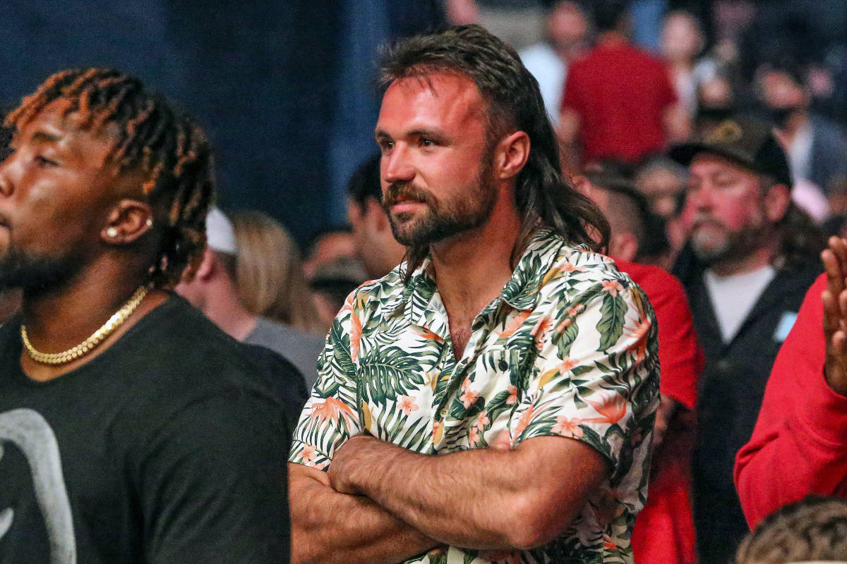 NFL quarterback Gardner Minshew watches a UFC 261 mixed martial arts bout, Saturday, April 24, ...