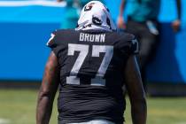Las Vegas Raiders offensive tackle Trent Brown (77) walks off the field after the 1st quarter o ...