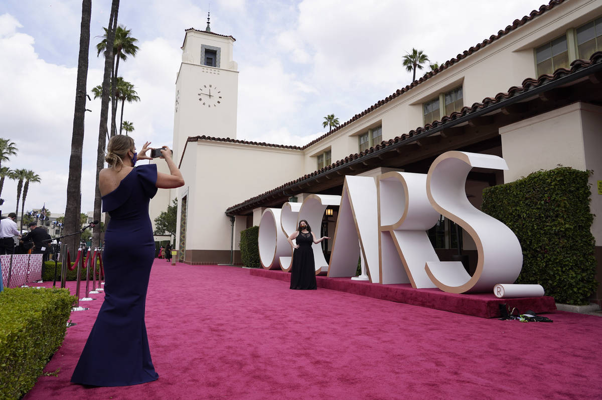 A view of the red carpet appears before the start of the Oscars on Sunday, April 25, 2021, at U ...