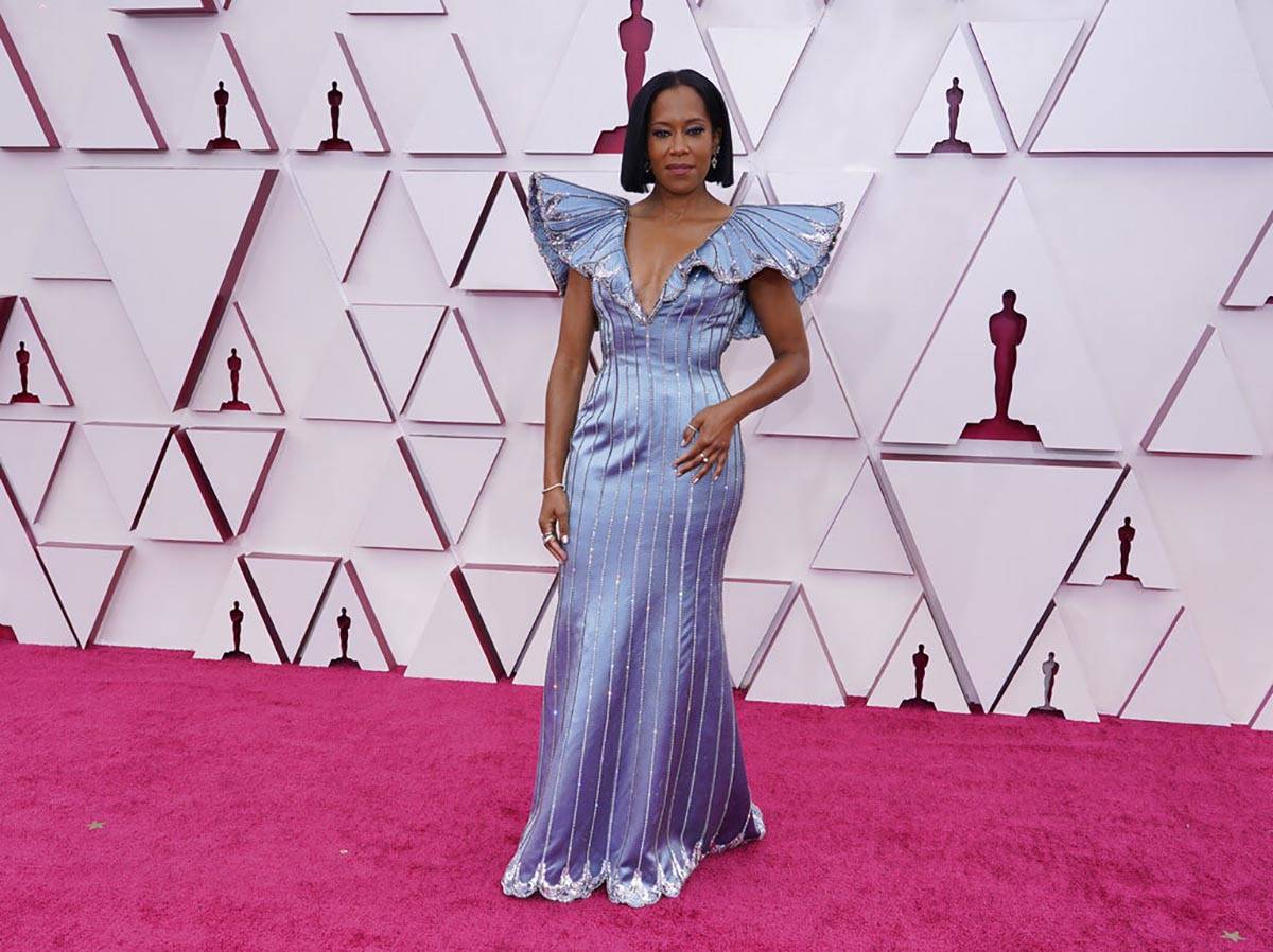 Regina King arrives at the Oscars on Sunday, April 25, 2021, at Union Station in Los Angeles. ( ...