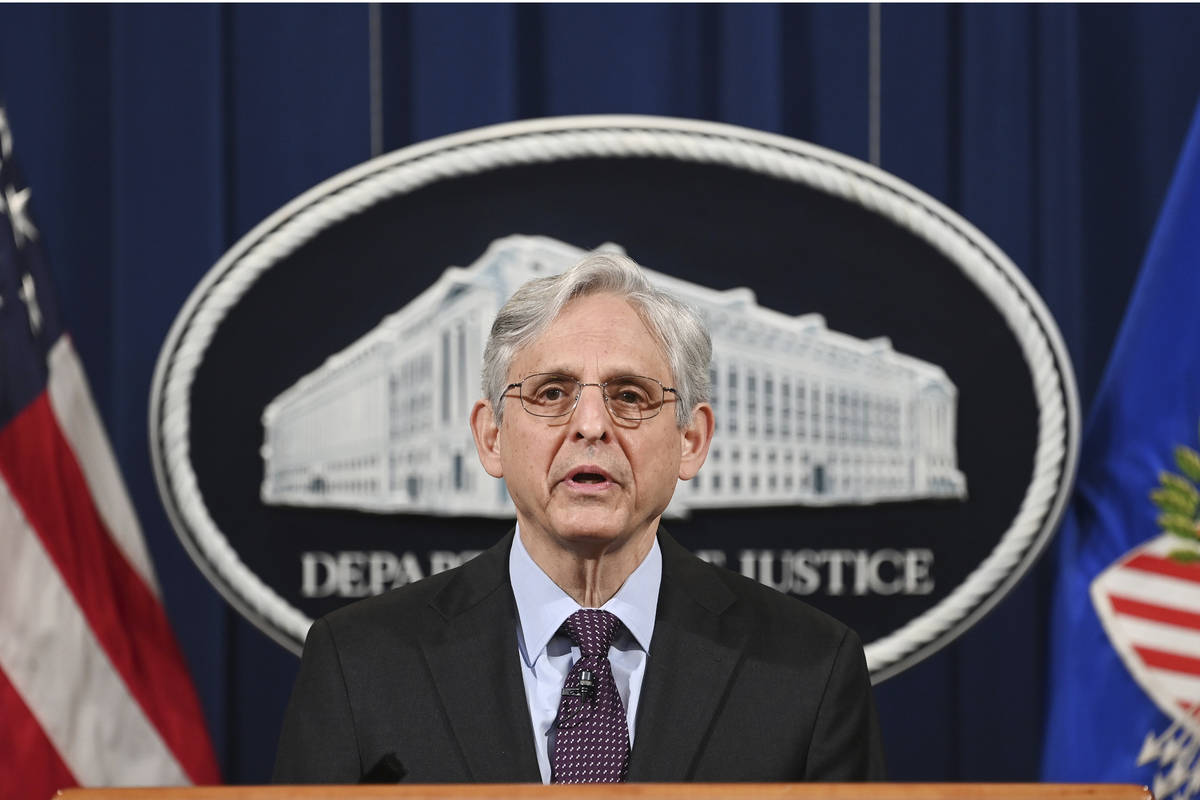 Attorney General Merrick Garland speaks at the Department of Justice in Washington, Monday, Apr ...