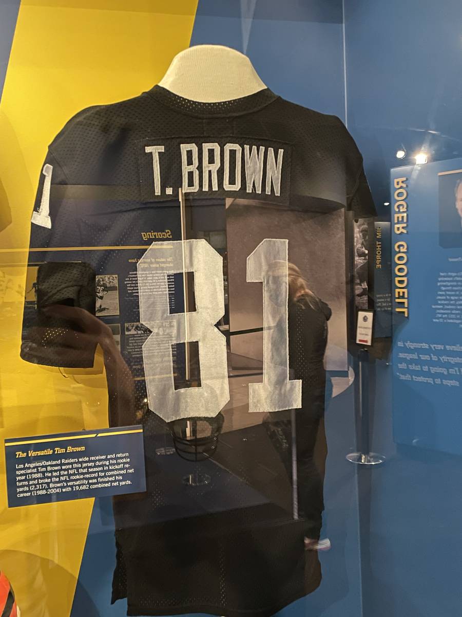 The jersey of former Raiders wide receiver Tim Brown is displayed in the Pro Football Hall of F ...