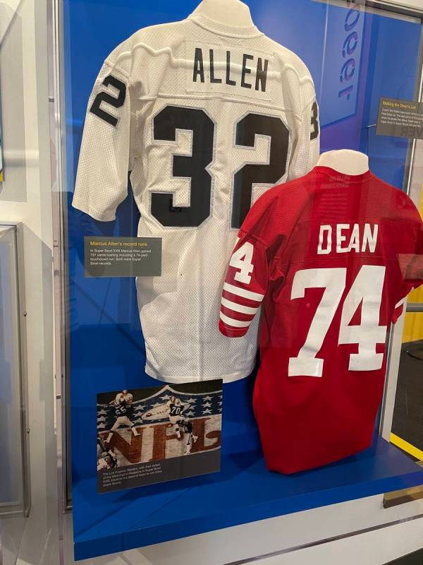 The jersey of Marcus Allen of the Raiders and former 49ers lineman Fred Dean and displayed in t ...