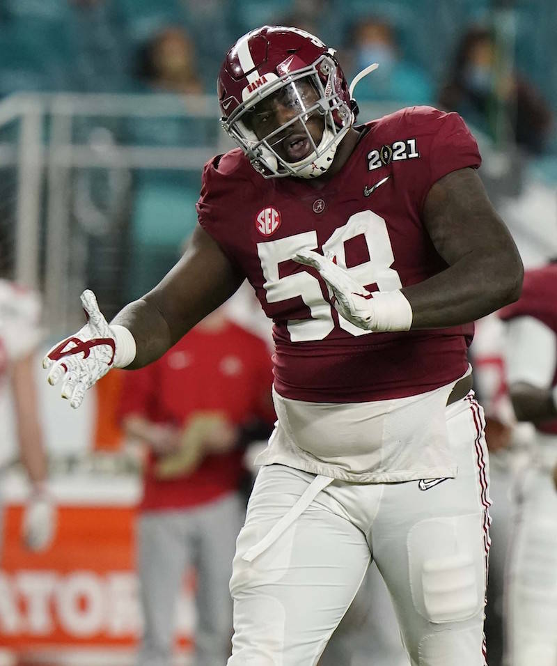 Alabama defensive lineman Christian Barmore celebrates after a tackle against Ohio State during ...