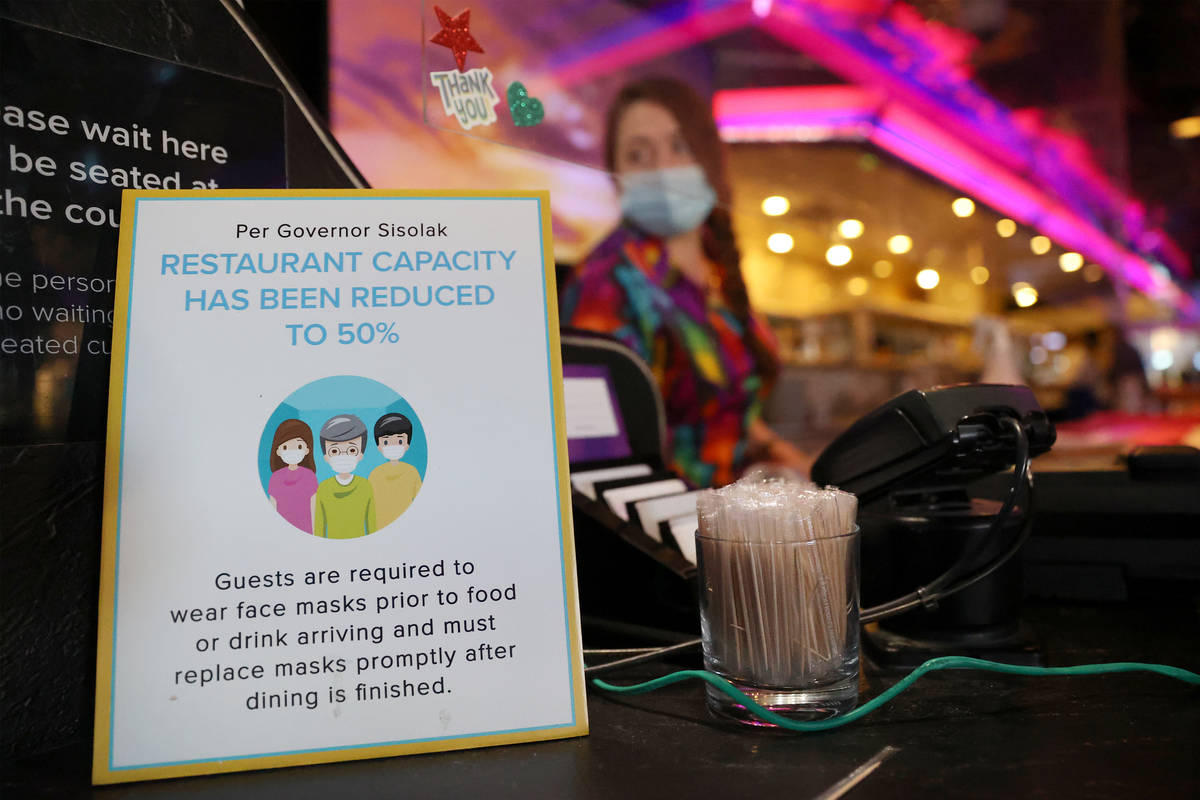 A restaurant capacity sign is displayed at the entrance of the Peppermill restaurant and Firesi ...