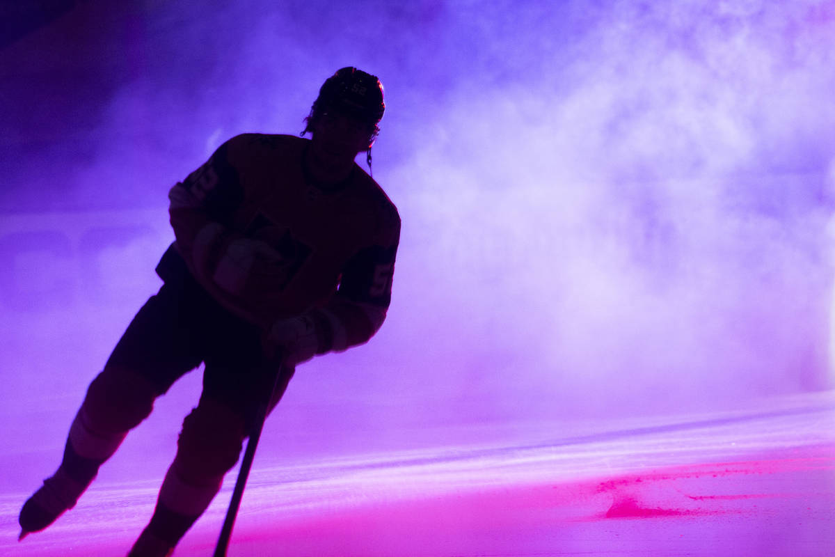 Golden Knights defenseman Dylan Coghlan (52) takes the ice before during an NHL hockey game aga ...