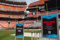 Platforms are placed over the field at FirstEnergy Stadium where fans will get to participate i ...