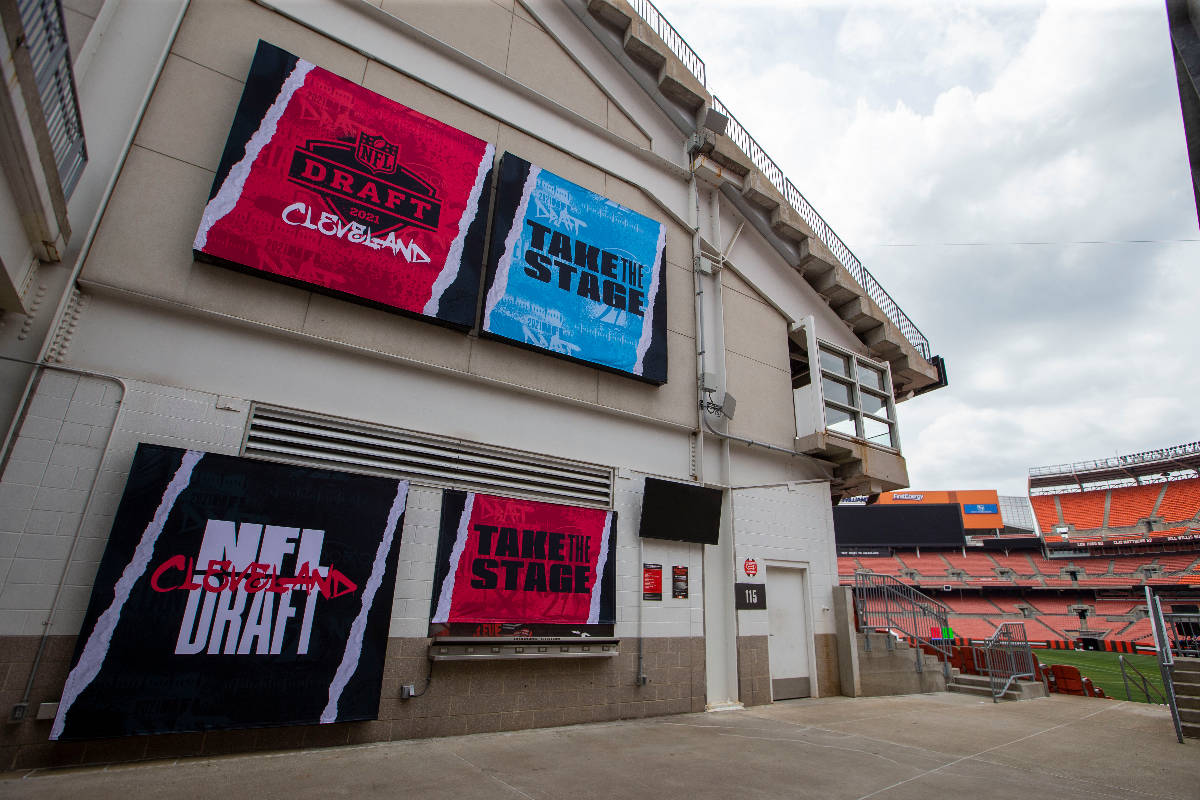 Signage inside FirstEnergy Stadium is on display on Wednesday, April 28, 2021, in Cleveland. Th ...