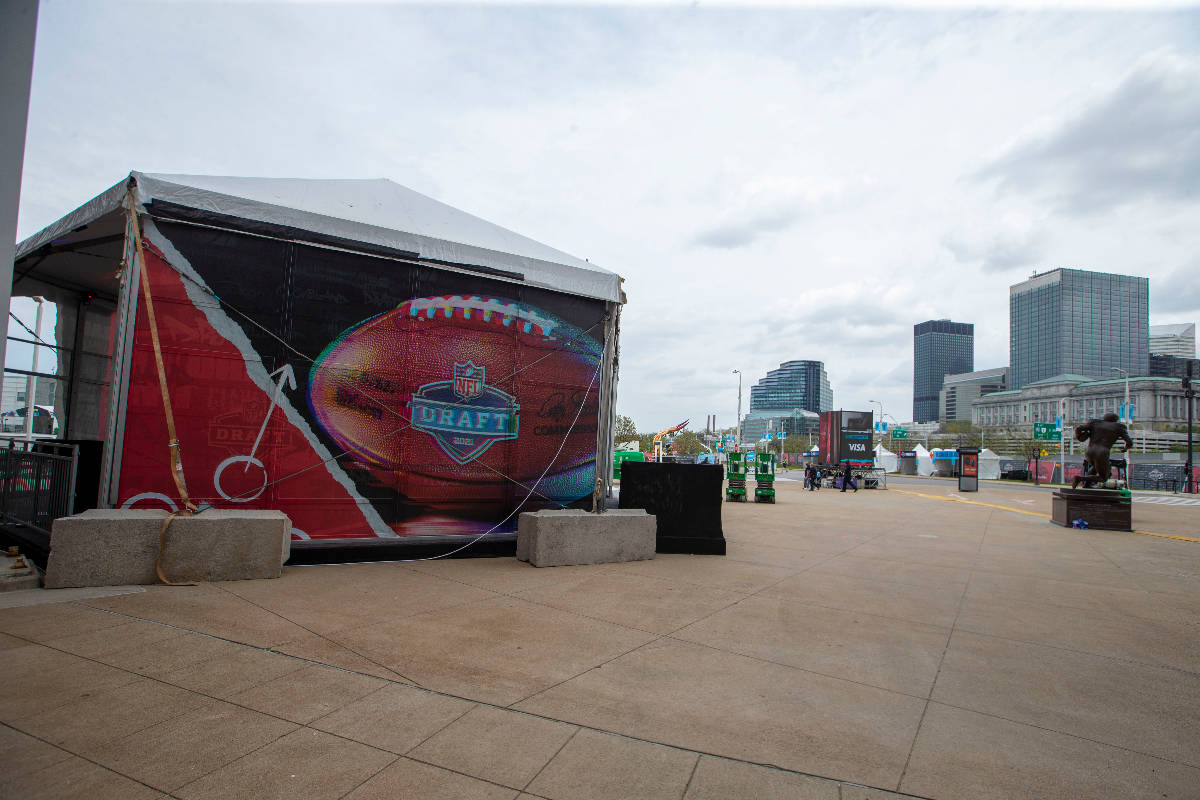 Draft signage on display at the entrance to FirstEnergy Stadium, Wednesday, April 28, 2021, in ...
