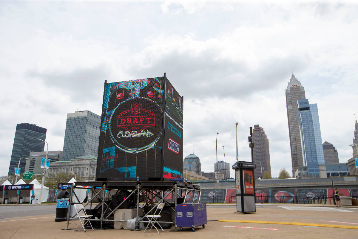 Draft signage on display at the entrance to FirstEnergy Stadium, Wednesday, April 28, 2021, in ...