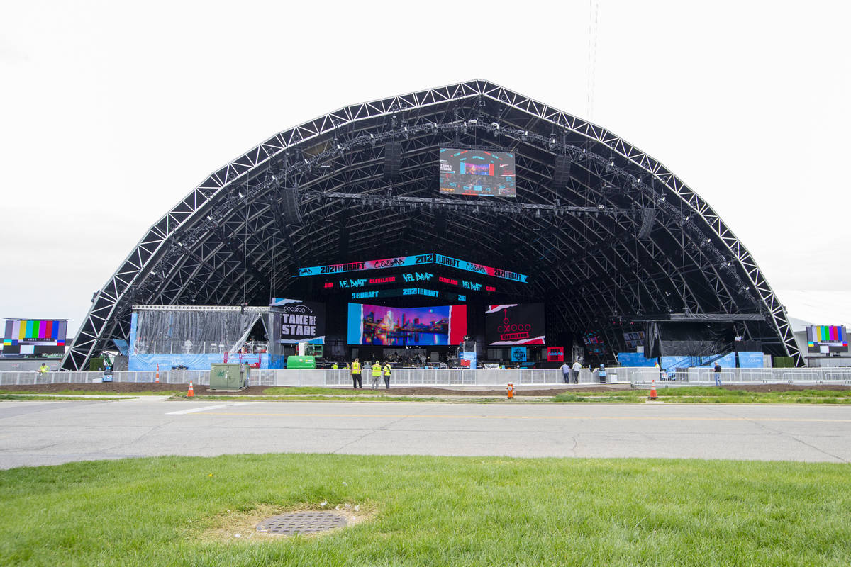 Crews work to put the NFL Draft stage up near FirstEnergy Stadium on Wednesday, April 28, 2021, ...