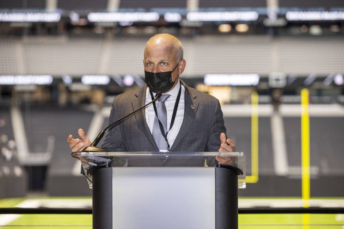 Raiders president Marc Badain addresses the media during the 2021 Las Vegas Raiders NFL Draft P ...