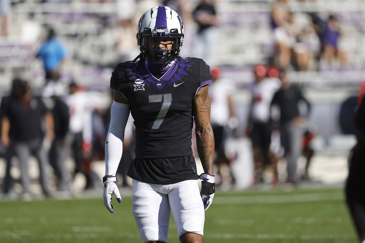 TCU safety Trevon Moehrig (7) looks on against Texas Tech during the first half of an NCAA coll ...