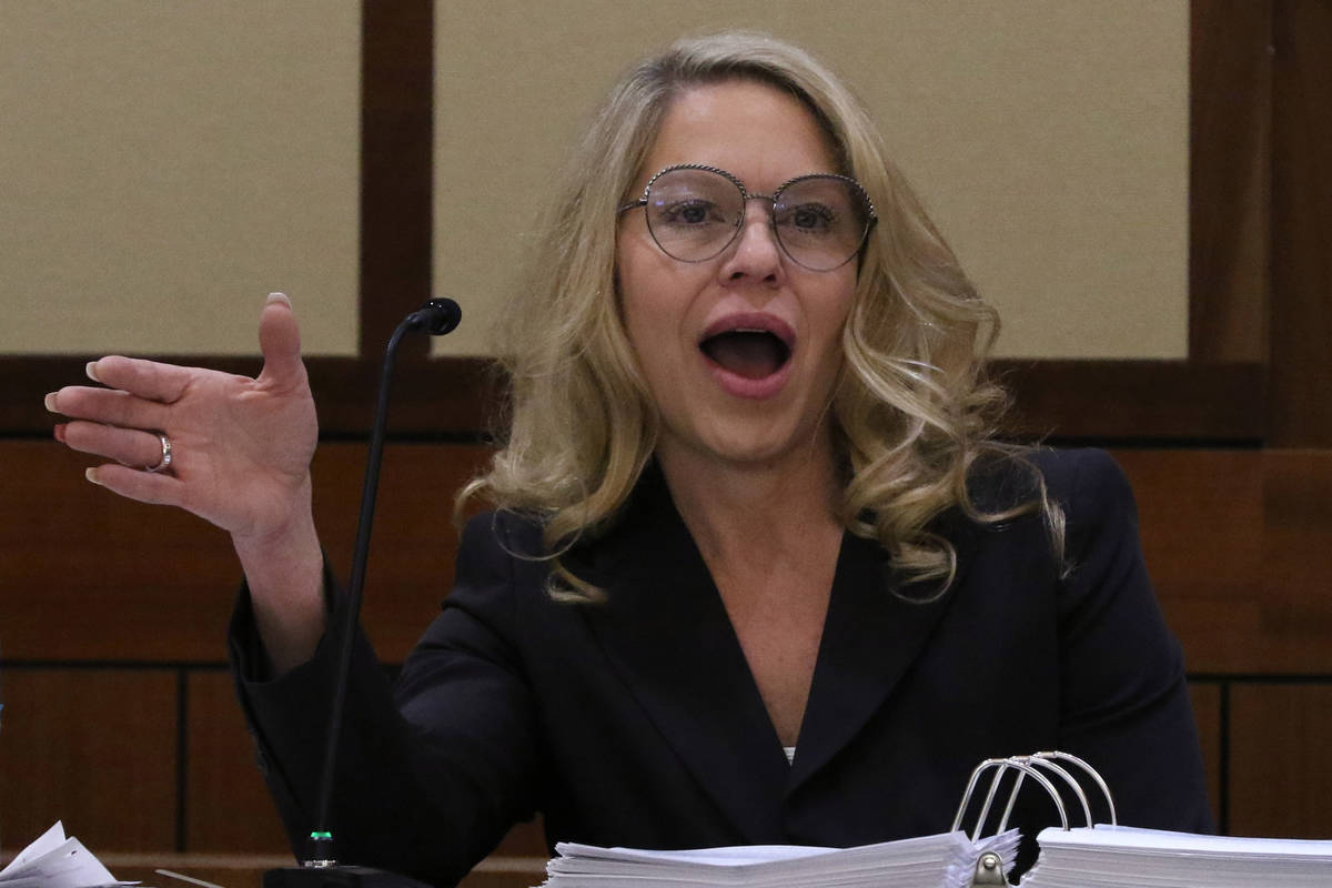 Justices of the Peace Melanie Andress-Tobiasson, left, testifies during a Nevada Judicial Disci ...