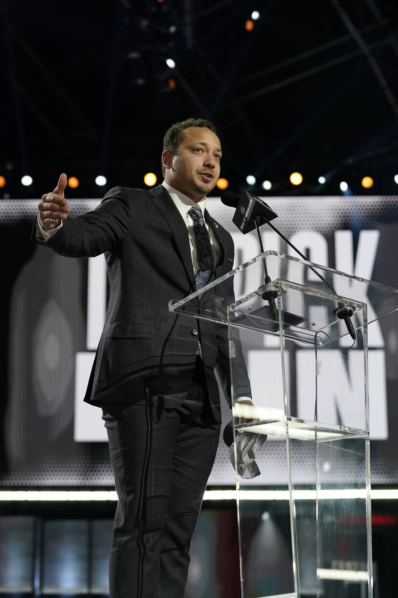 Alec Ingold announces the Las Vegas Raiders pick during the third round of the NFL Draft on Fri ...