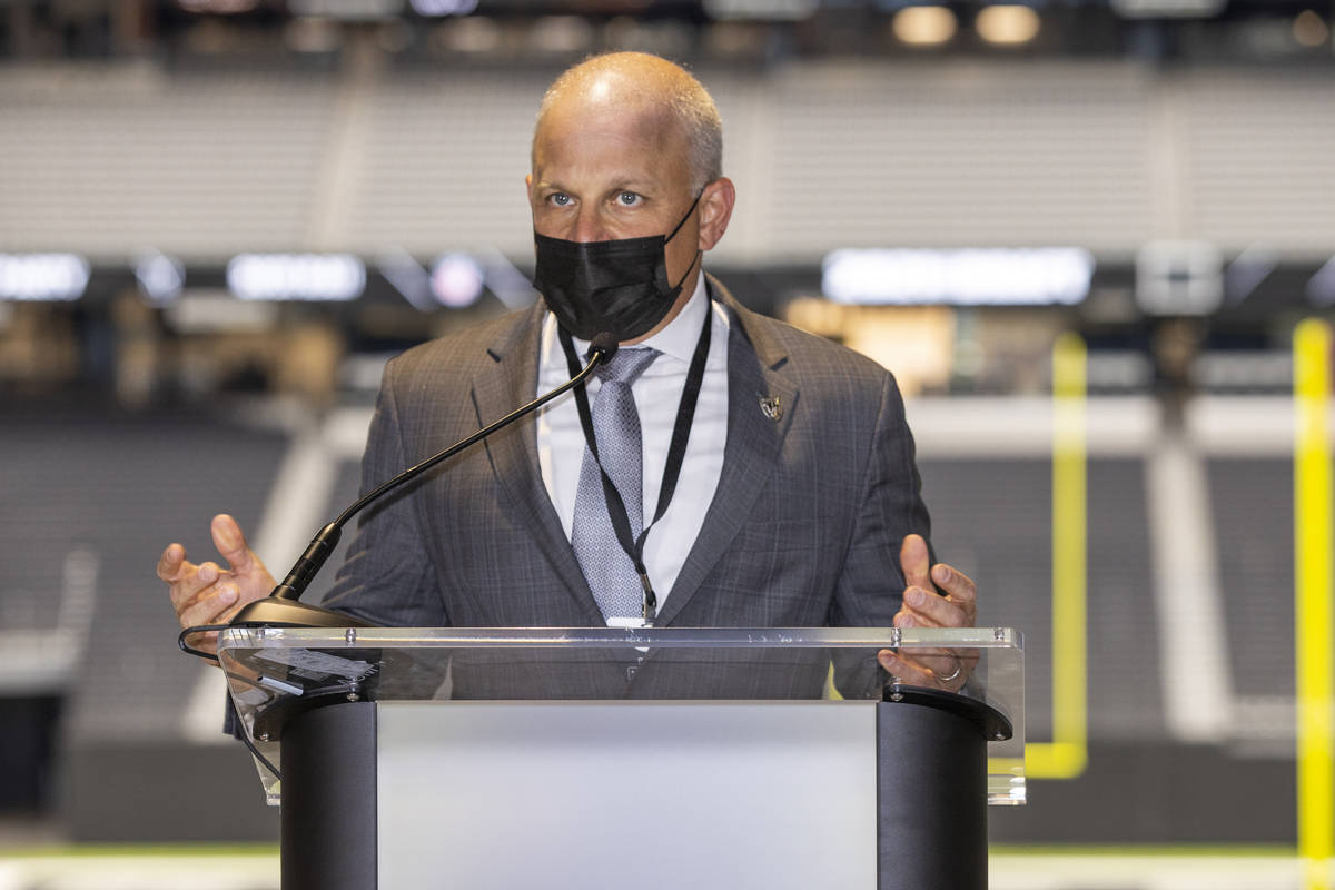 Raiders president Marc Badain addresses the media during the 2021 Las Vegas Raiders NFL Draft P ...