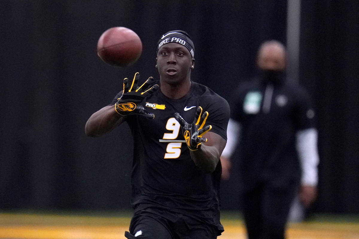 Missouri's Tyree Gillespie catches a ball as he participates in the school's pro day football w ...