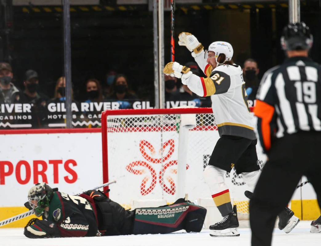 Golden Knights' Mark Stone (61) celebrates after an overtime win against the Arizona Coyotes in ...